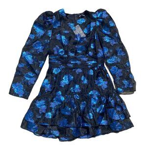 NWT Zara Black Blue Ruffled Tiered Puff Sleeve Formal Prom Dress Medium